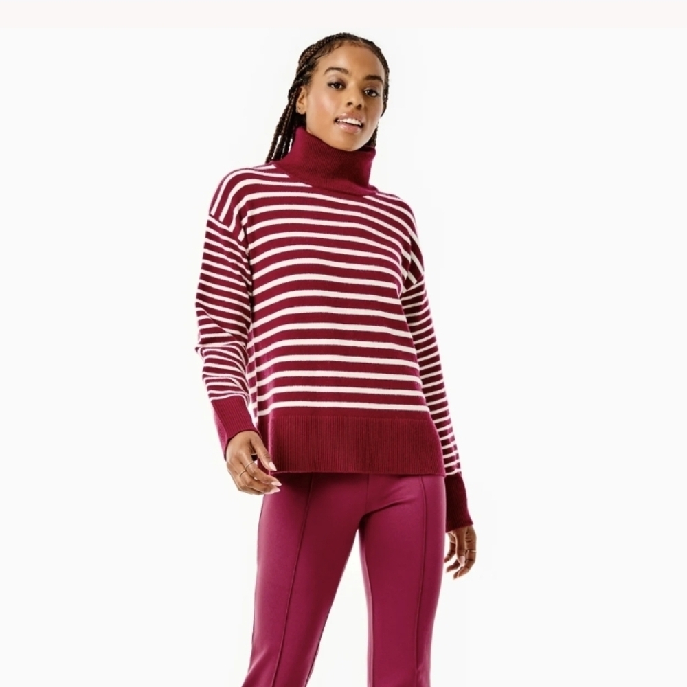 Addison Bay Polished Knit Kitt Sweater Burgundy Off White Stripe XS NWOT